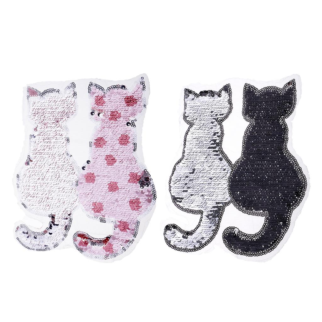 2Pcs Cute Cat Sequins Sewing Applique Reversible Embroidery Clothes Patches