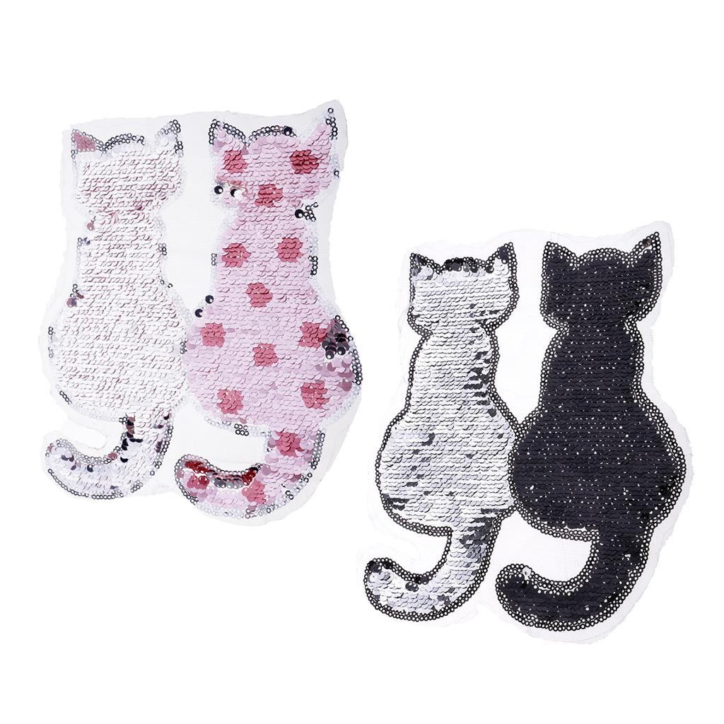 2Pcs Cute Cat Sequins Sewing Applique Reversible Embroidery Clothes Patches