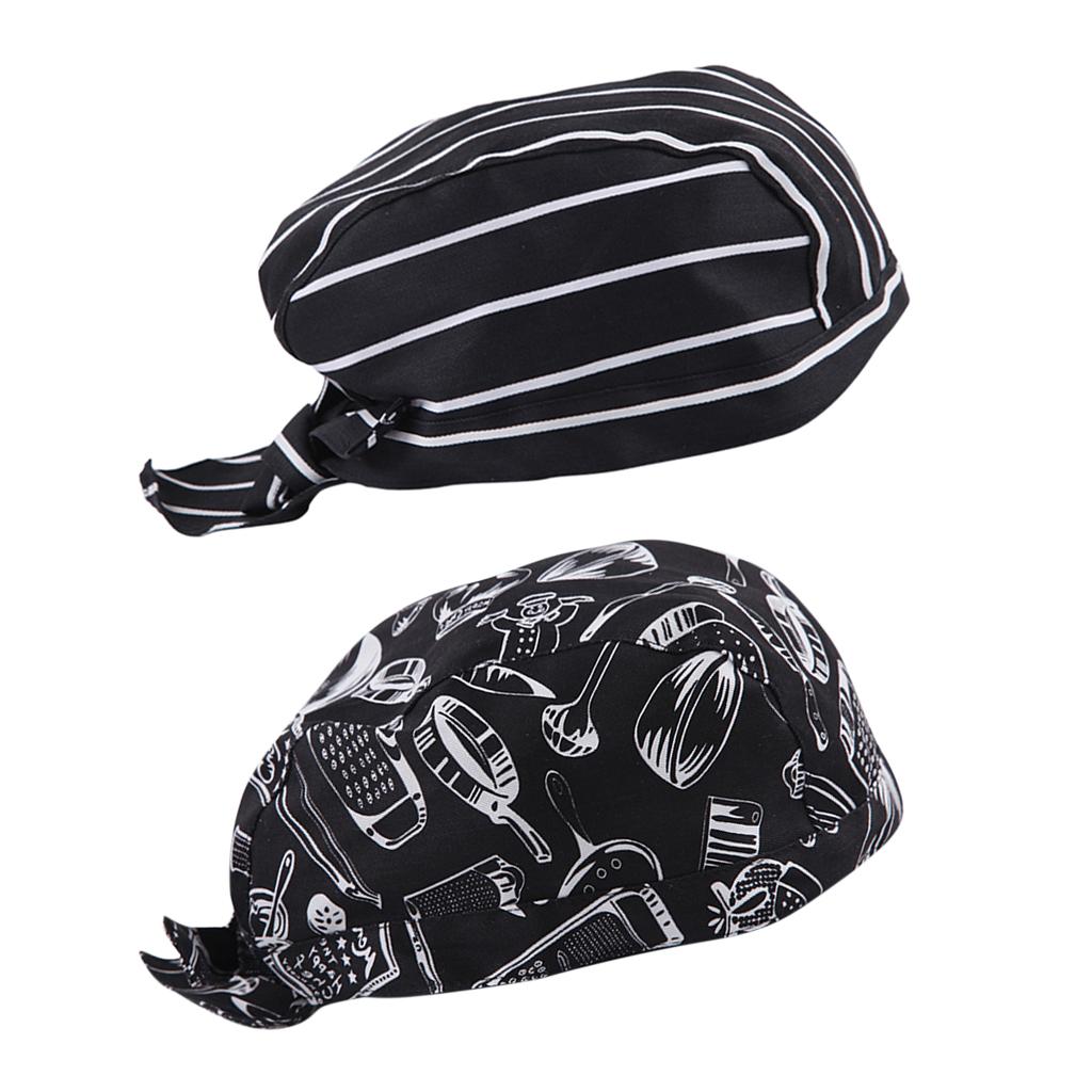 2 Pieces Kitchen Catering Chef Skull Cap Tie Back Pirate Hat Headwrap Unisex