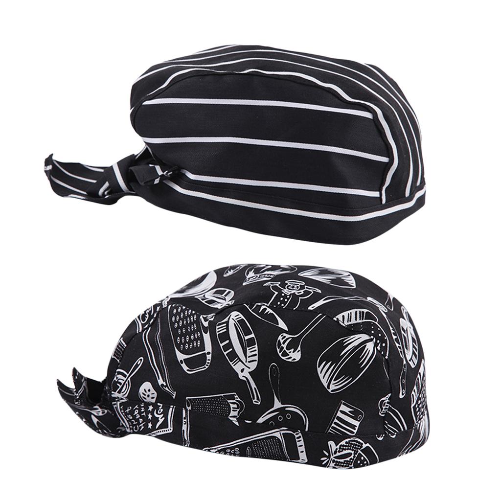 2 Pieces Kitchen Catering Chef Skull Cap Tie Back Pirate Hat Headwrap Unisex