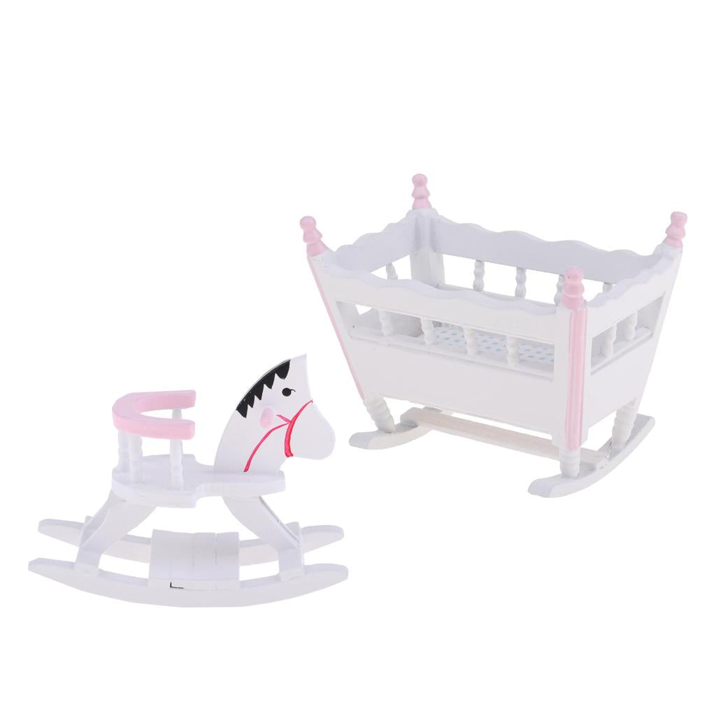 1/12 Dollhouse Miniature Wooden Baby Cradle, Rocking Horse Nursery Room Accs