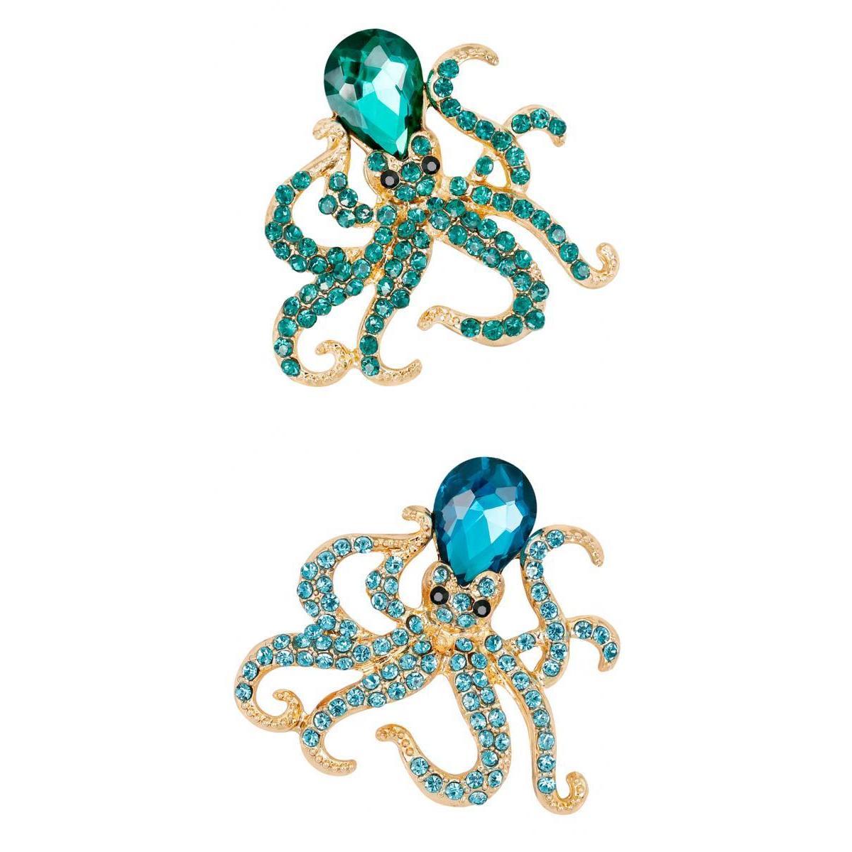 2Pcs Women Octopus Crystal Pin Brooch Alloy with Rhinestone Blue&Green