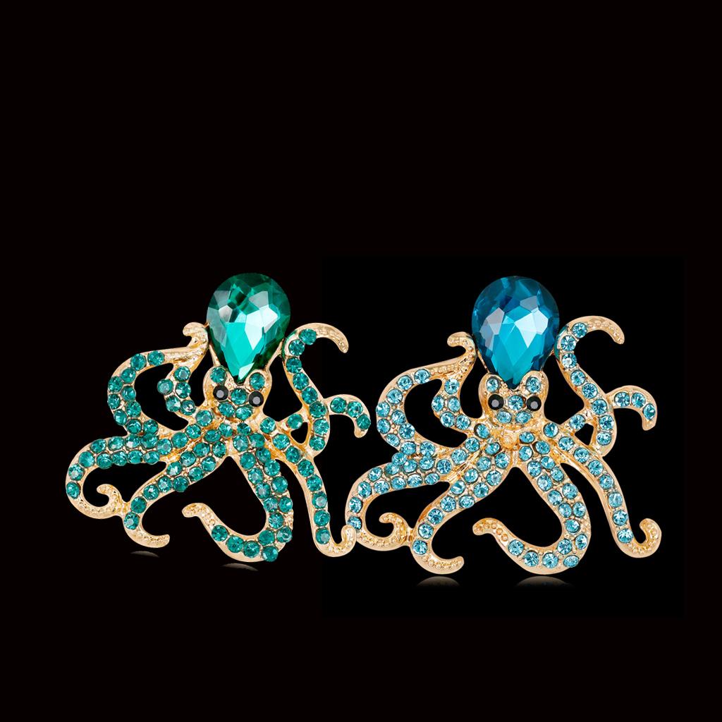 2Pcs Women Octopus Crystal Pin Brooch Alloy with Rhinestone Blue&Green