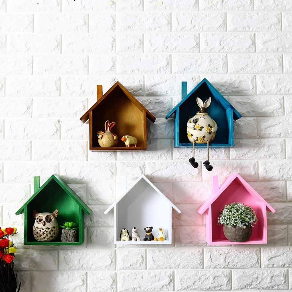 2pcs Wooden House Shape Shelf Wood Children Bedroom Craft Decor White+Pink
