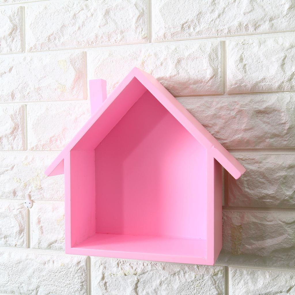 2pcs Wooden House Shape Shelf Wood Children Bedroom Craft Decor White+Pink