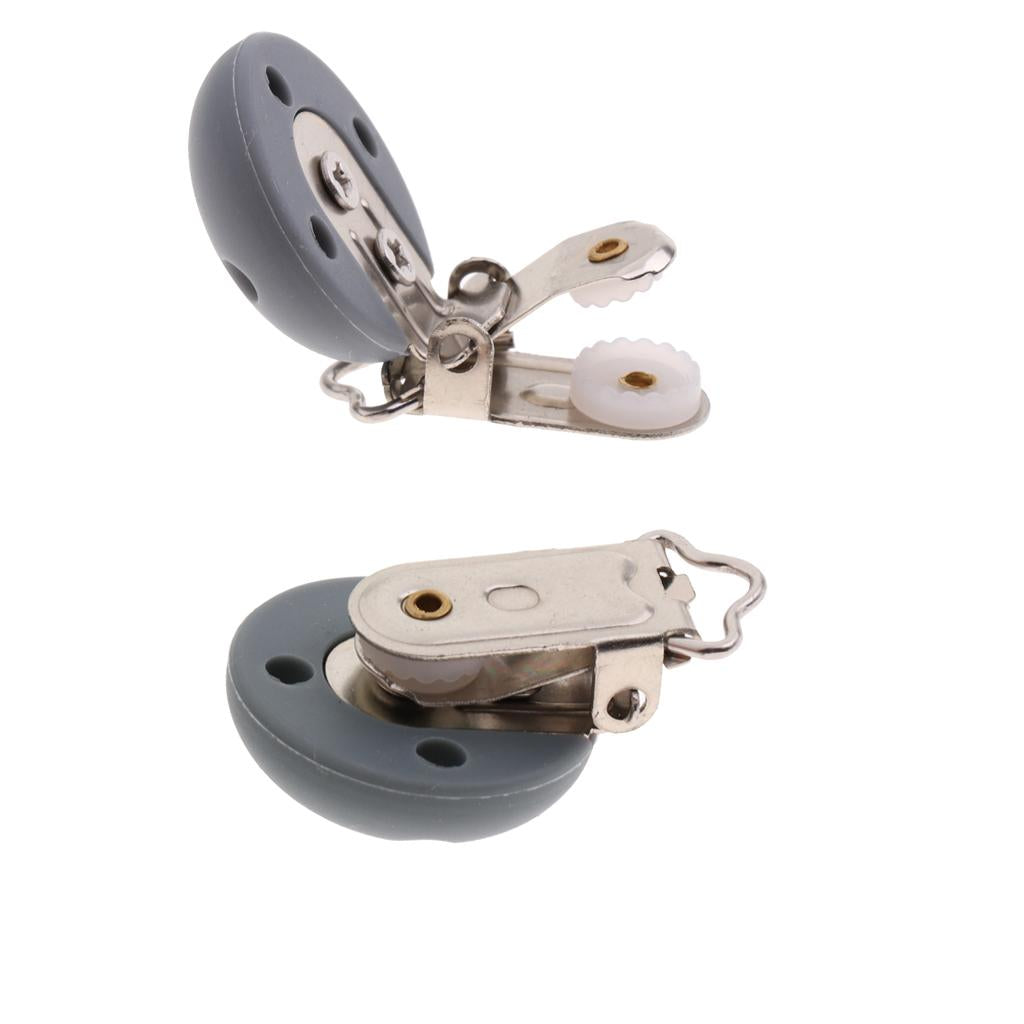 2Pcs Cute Baby Pacifier Round Silicone Soother Clip Metal Holders Clasp Gray