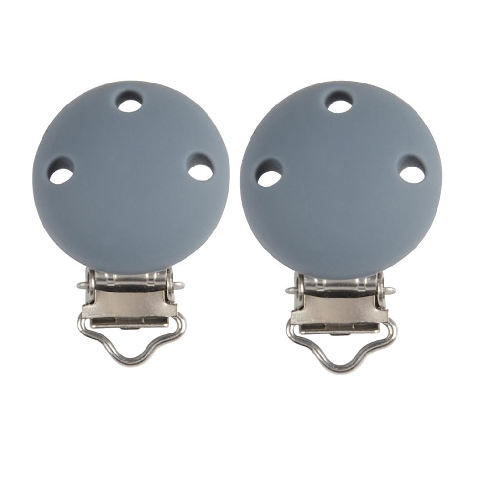 2Pcs Cute Baby Pacifier Round Silicone Soother Clip Metal Holders Clasp Gray