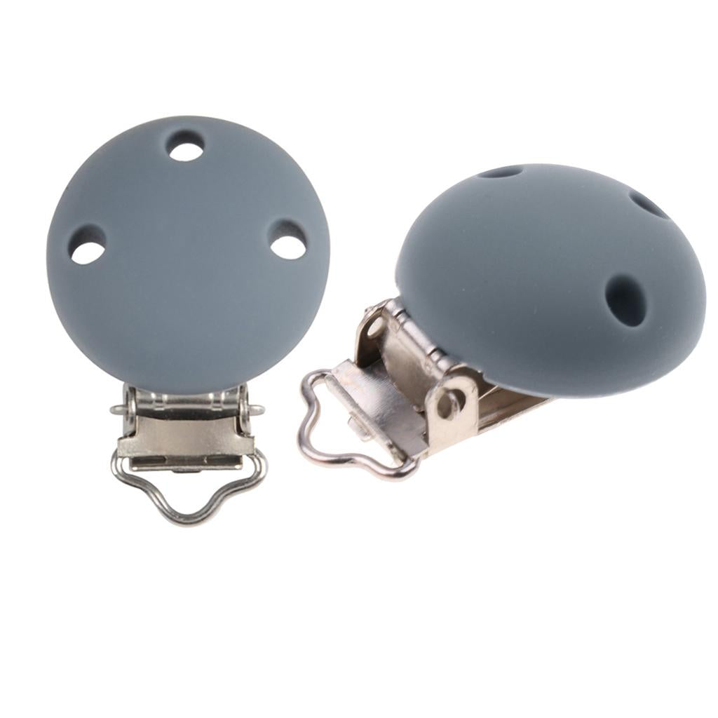 2Pcs Cute Baby Pacifier Round Silicone Soother Clip Metal Holders Clasp Gray