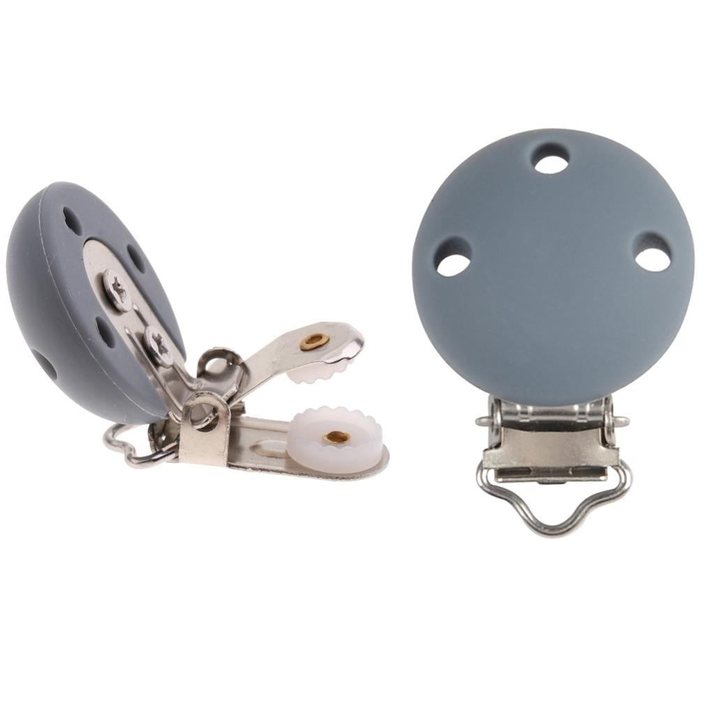 2Pcs Cute Baby Pacifier Round Silicone Soother Clip Metal Holders Clasp Gray