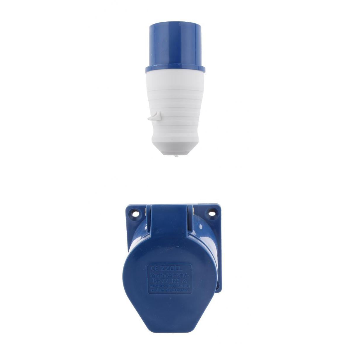 2 Pieces 3-Hole Concealed Socket & 3-Pin Plug 32A 220V 2P+E Waterproof Blue