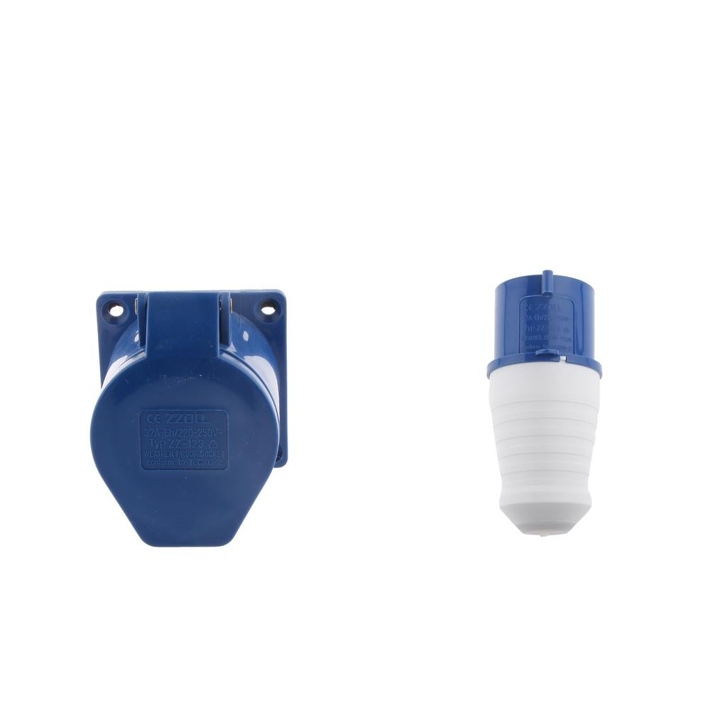 2 Pieces 3-Hole Concealed Socket & 3-Pin Plug 32A 220V 2P+E Waterproof Blue