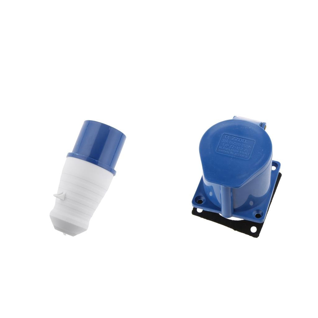 2 Pieces 3-Hole Concealed Socket & 3-Pin Plug 32A 220V 2P+E Waterproof Blue