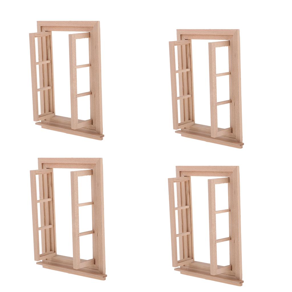 4x 1/12 Dollhouse Miniature Unpainted Wood 6 Pane Double Window Frame