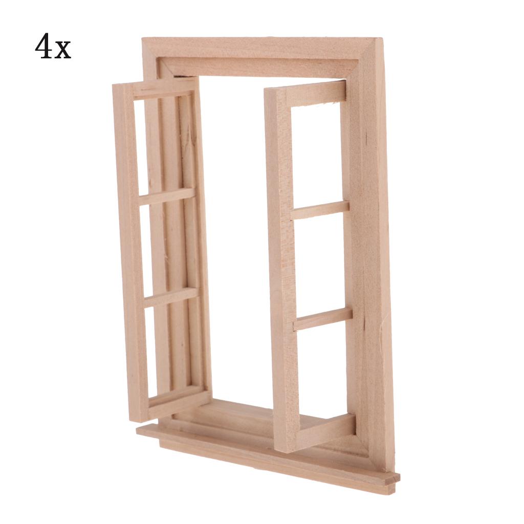 4x 1/12 Dollhouse Miniature Unpainted Wood 6 Pane Double Window Frame