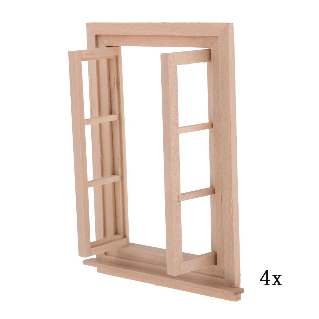 4x 1/12 Dollhouse Miniature Unpainted Wood 6 Pane Double Window Frame