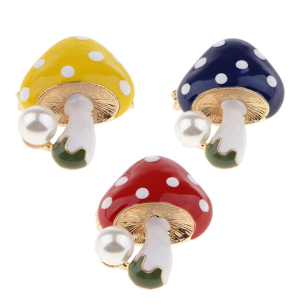 3 Pieces Delicate 3 Colors Enamel Faux Pearl Mushroom Brooch Pins for Womens