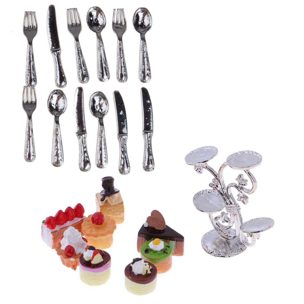1:12 Miniature Cake Fruit Stand with Tableware Dollhouse Kitchen Accessories