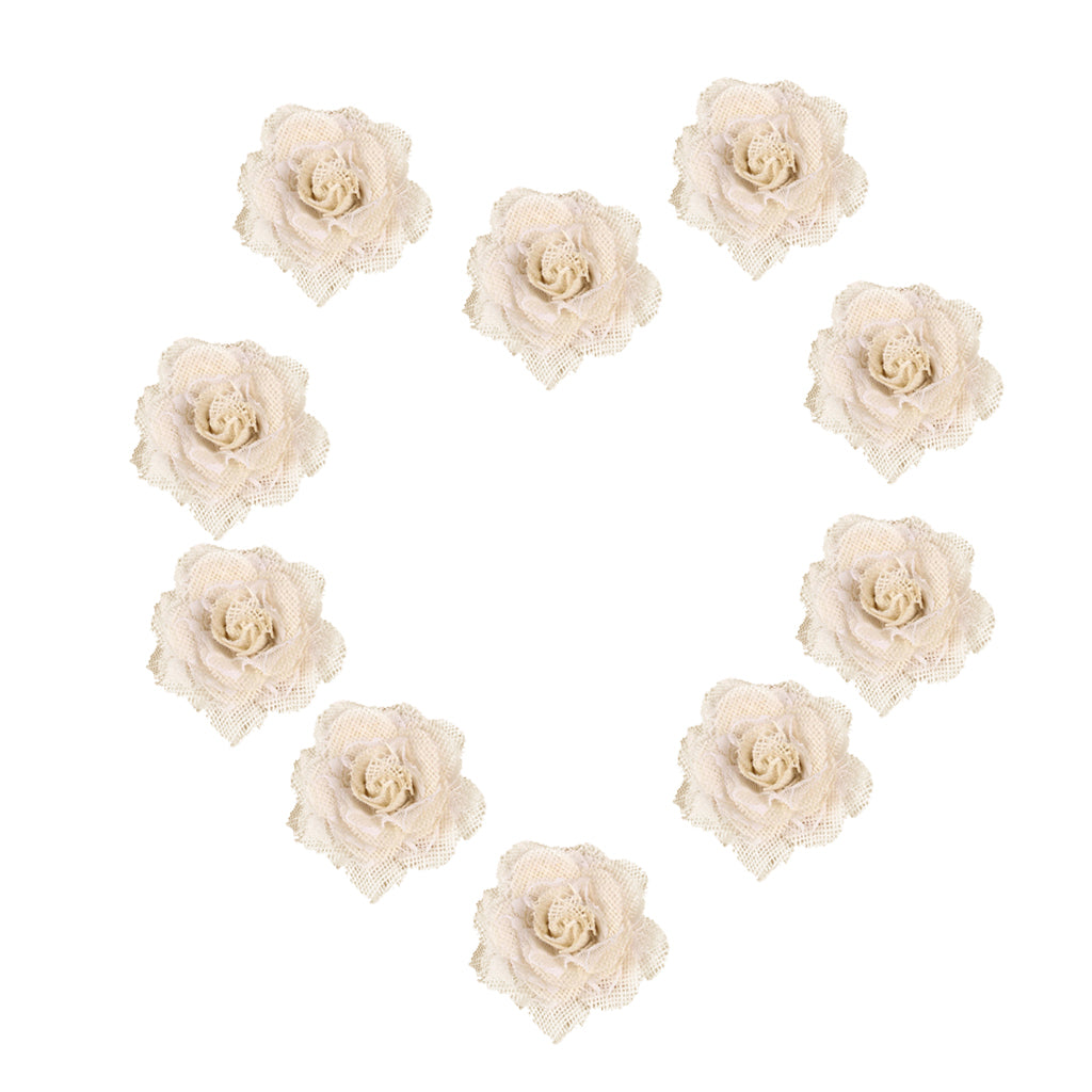 10pcs Hessian Burlap Lace Rose Flower Heads for Rustic Wedding Decor 6cm