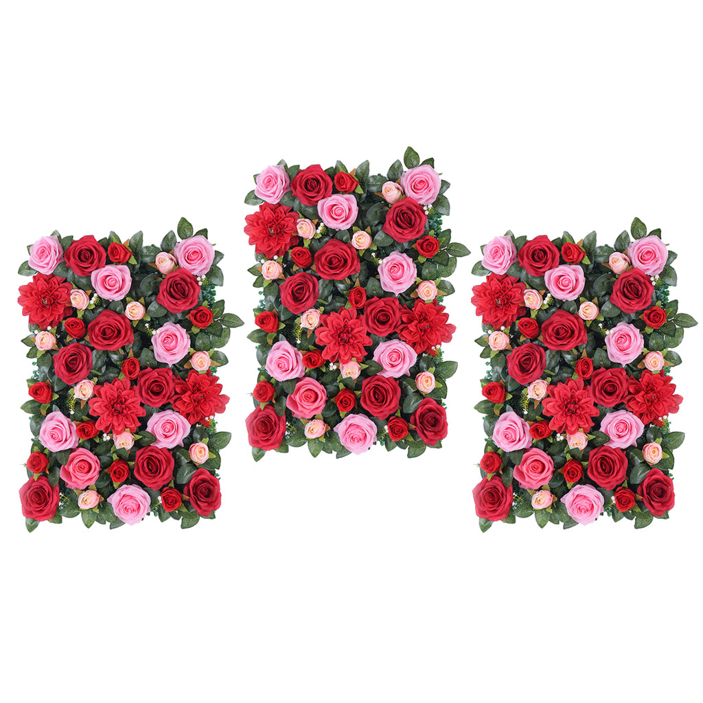 3Pcs Artificial Flower Wall Panels Wedding Venue Decor Red with Leaves