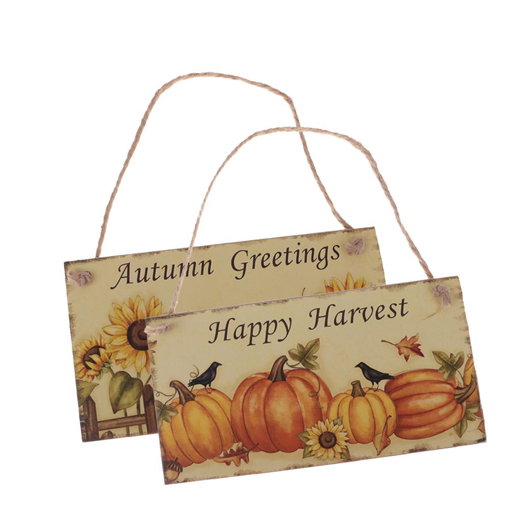 2pcs Rustic Wood Plaque Autumn Blessings Board Happy Harvest Hanging Sign
