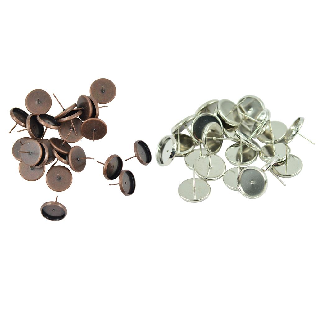 48 Pcs Vintage 12mm Round Earring Blank Ear Post Cabochon Setting Ear Studs