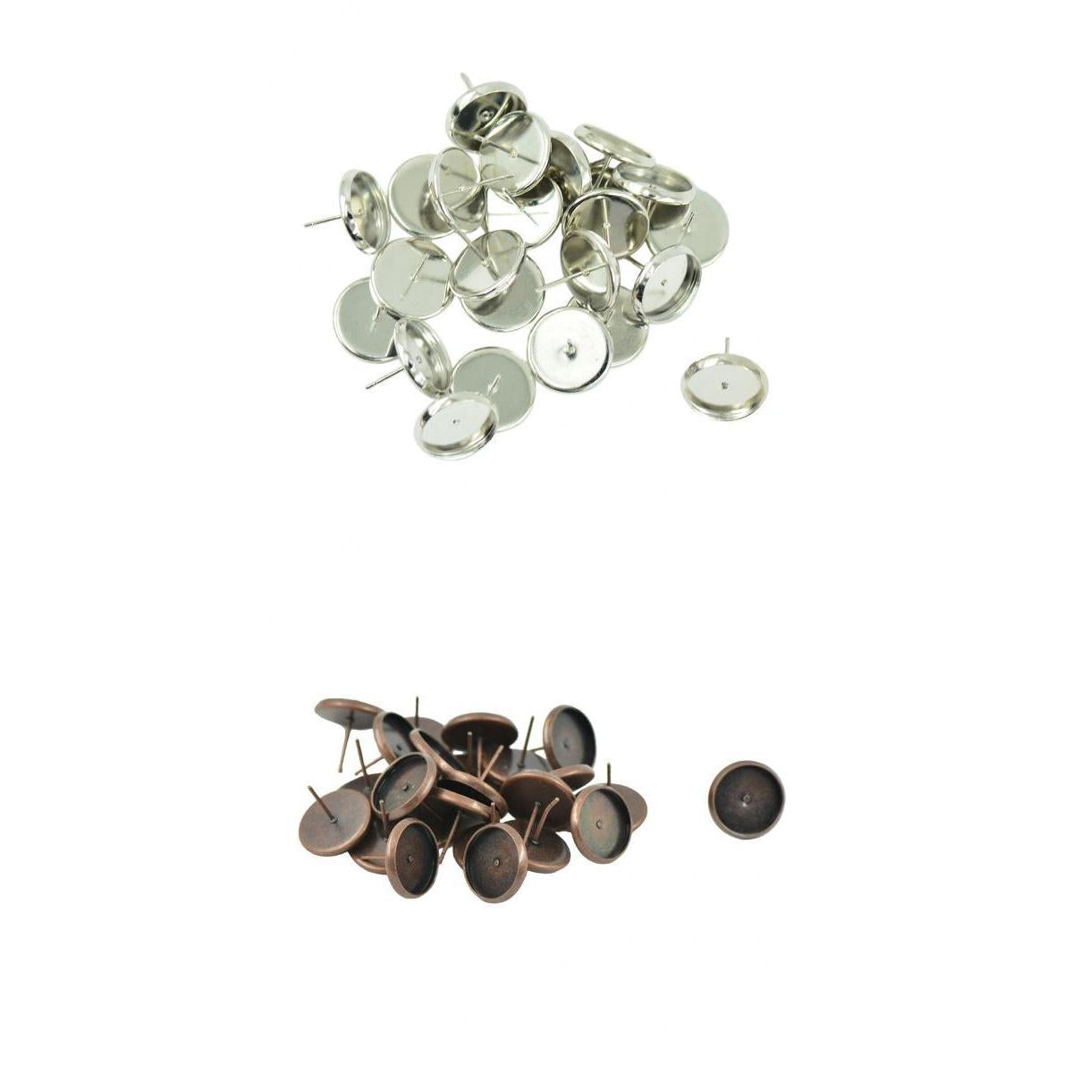 48 Pcs Vintage 12mm Round Earring Blank Ear Post Cabochon Setting Ear Studs