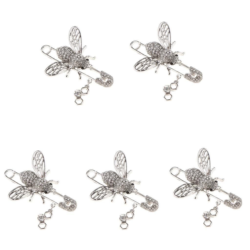 5 Pieces Women Girls Rhinestone Insect Bee Brooch Pins Clothing Decor Silver