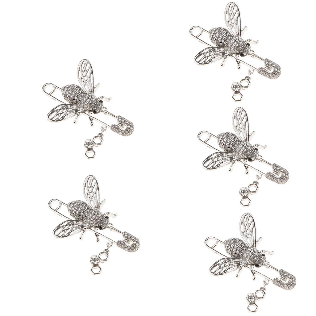 5 Pieces Women Girls Rhinestone Insect Bee Brooch Pins Clothing Decor Silver