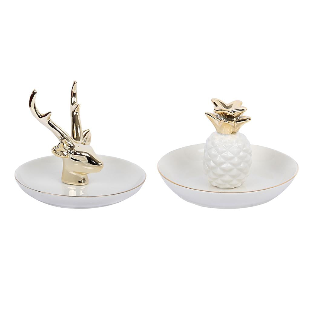 2 Pieces Ceramic Ring Necklace Trinkets Jewelry Holder Decor Dish Pineapple