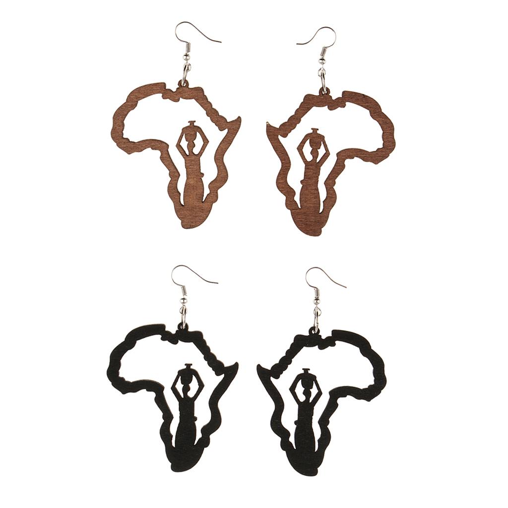 2 Pairs Vintage Ethnic Natural Women wooden African Map Tribal Drop Earrings