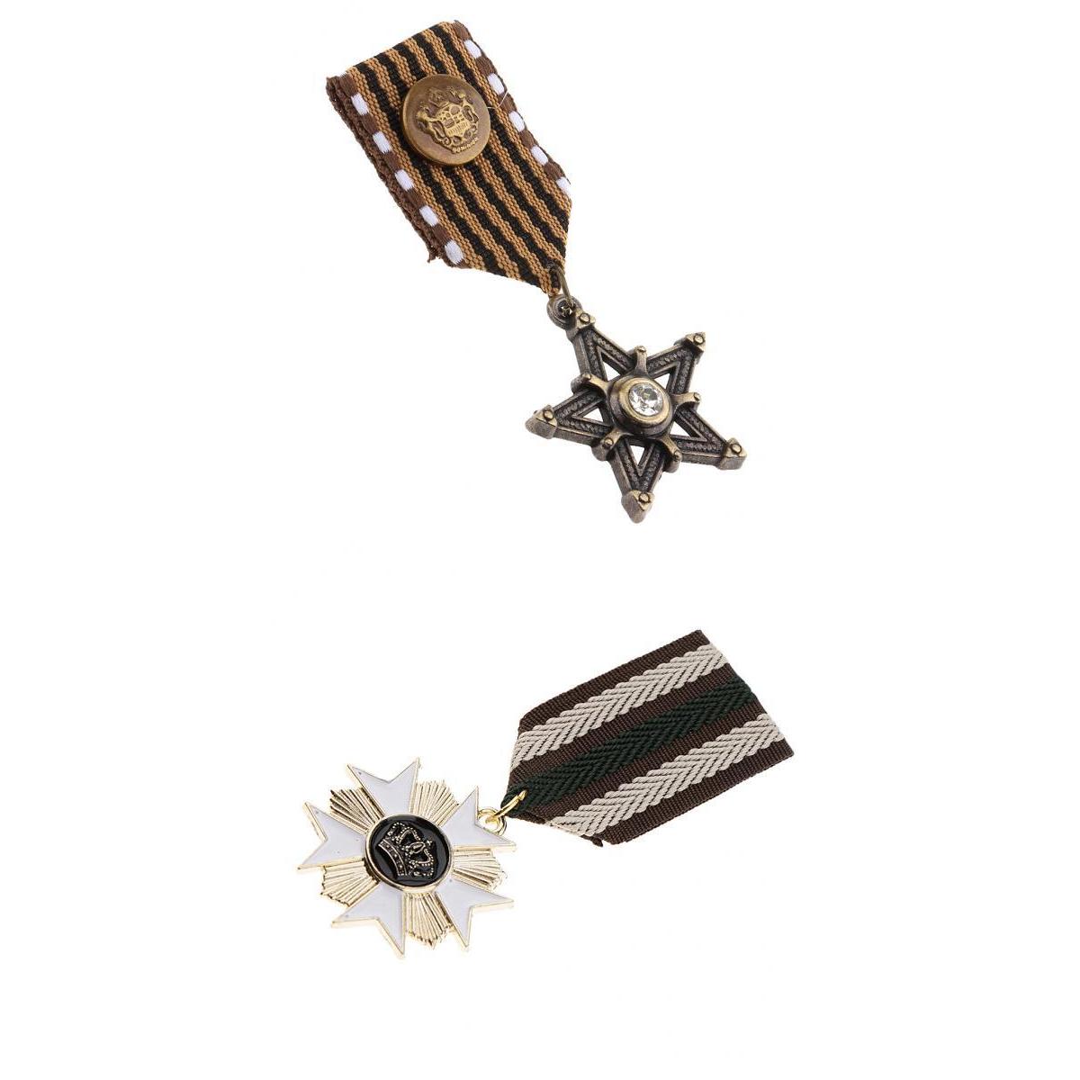 2 Pieces Vintage Crown Star Geometric Medal Badge Fabric Uniform Brooch