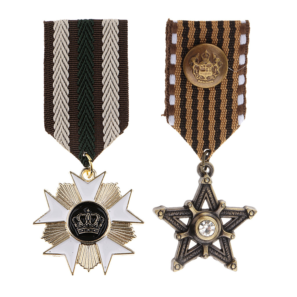 2 Pieces Vintage Crown Star Geometric Medal Badge Fabric Uniform Brooch