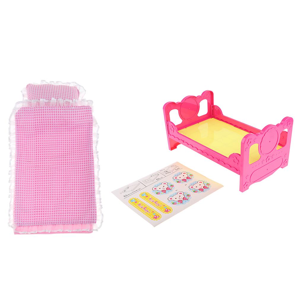 Baby Doll Single Bed With Sticker & Lace Plaid Bedding Set For Mellchan Doll