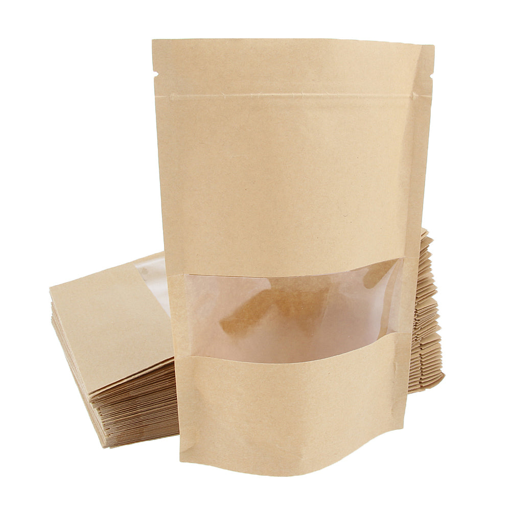 100x Kraft Paper Bags Stand Up Pouch Food Packaging Window 14x22+4