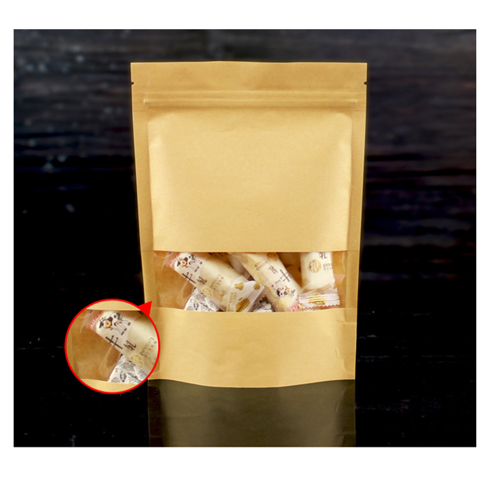 100x Kraft Paper Bags Stand Up Pouch Food Packaging Window 14x22+4