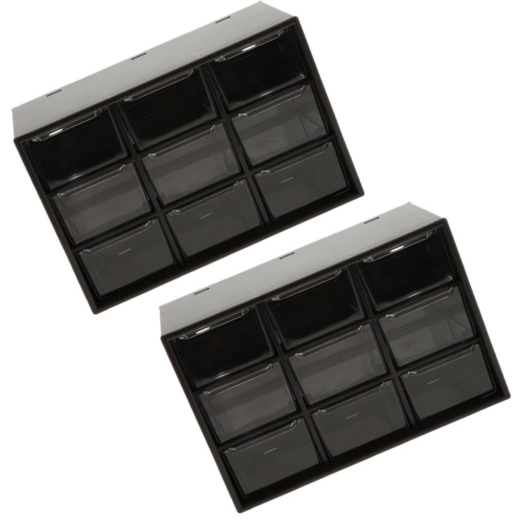 2x Storage Cabinet 9Grid 3 Layer Drawer Storage Box Sundries Organizer Black