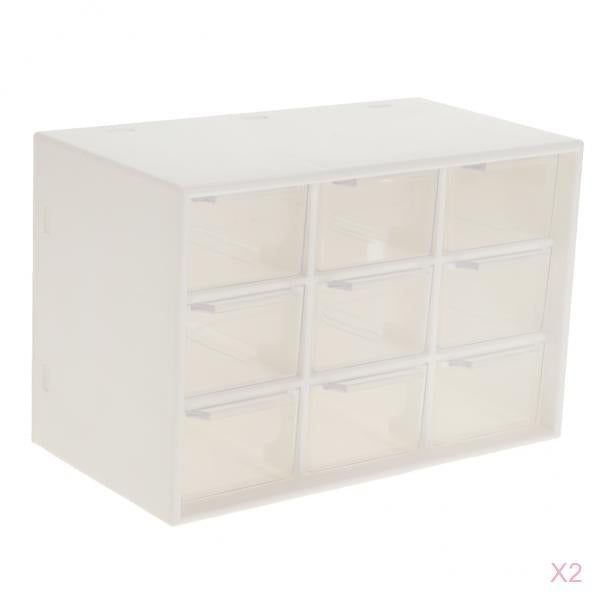 2x Storage Cabinet 9Grid 3 Layer Drawer Storage Box Sundries Organizer White