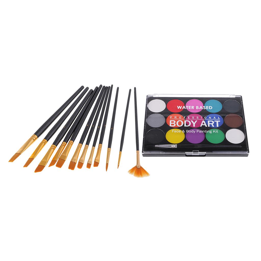 15 Colors Non-toxic Face&Body Paint Painting Brushes Fancy Party Make Up Kit