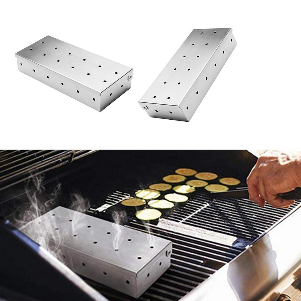 2Pcs Stainless Steel Meat Smoking Barbecue Smoker Box for BBQ Wood Chips