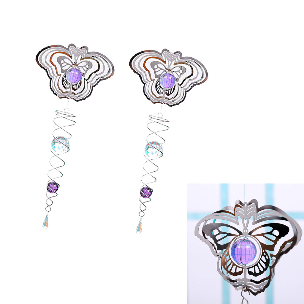 2Pcs 3D Metal Hanging Wind Spinner/Wind Chime Crystal Ball Center Butterfly