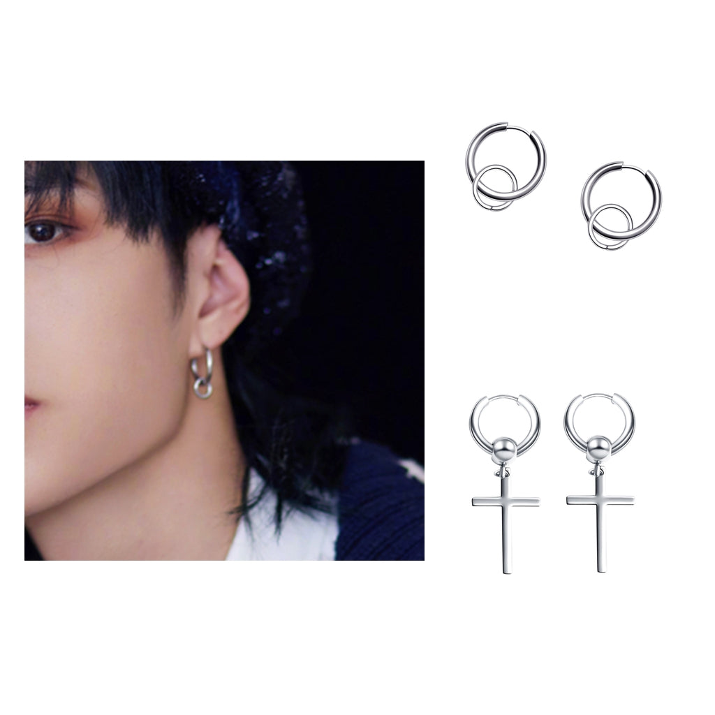 2 Pair Stainless Steel Hip Hop Cross Dangle Hoop Earrings Piercing Jewelry