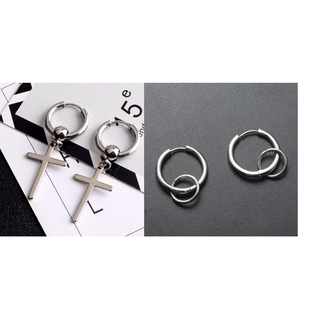 2 Pair Stainless Steel Hip Hop Cross Dangle Hoop Earrings Piercing Jewelry
