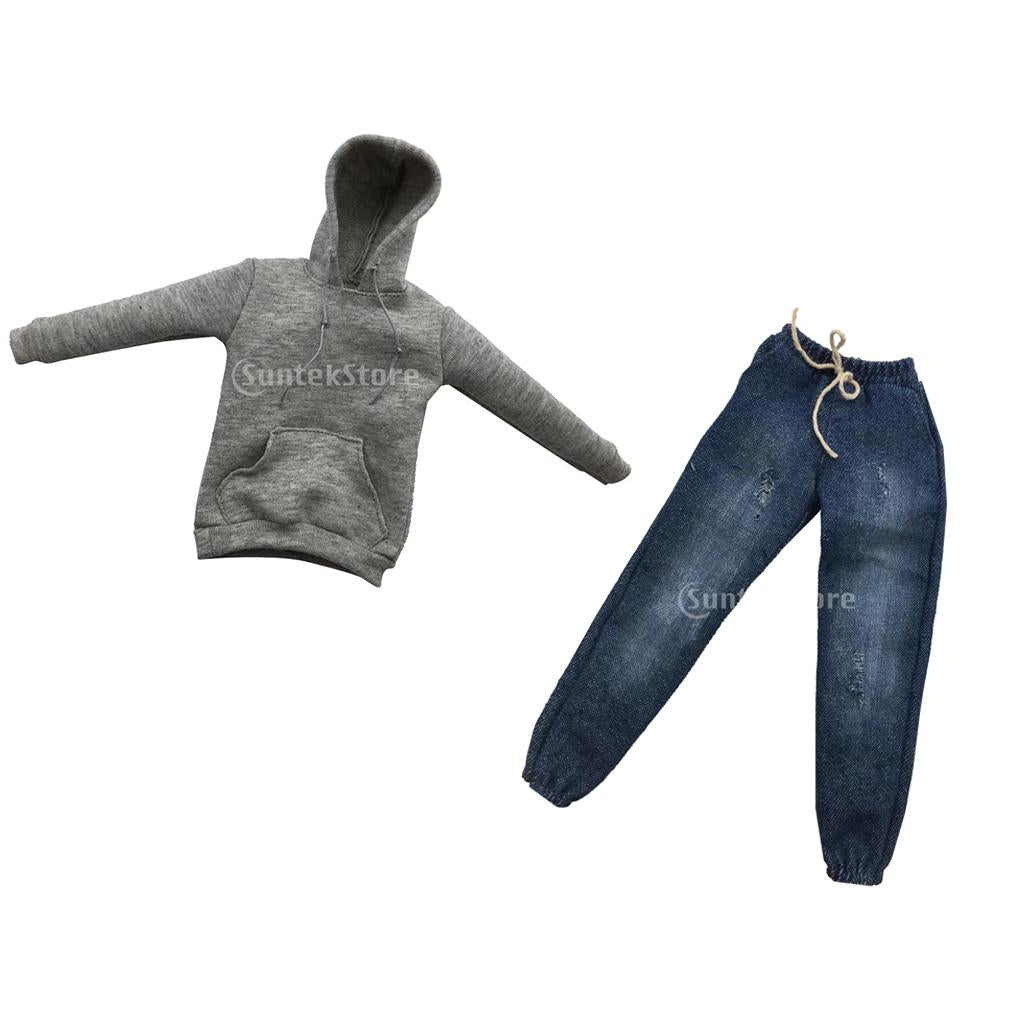 1/6 Scale Mens Gray Long Hoodie Sweatshirt & Jeans for 12inch Action Figure