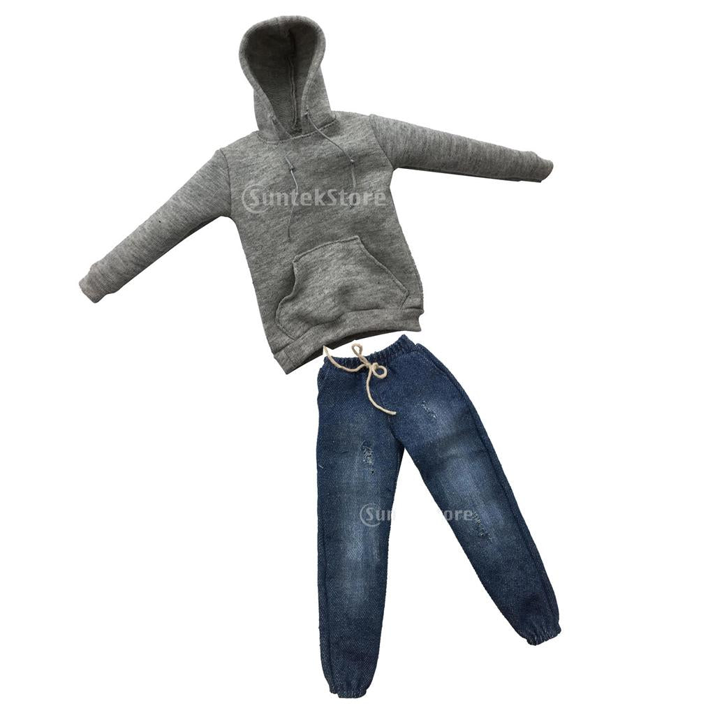 1/6 Scale Mens Gray Long Hoodie Sweatshirt & Jeans for 12inch Action Figure