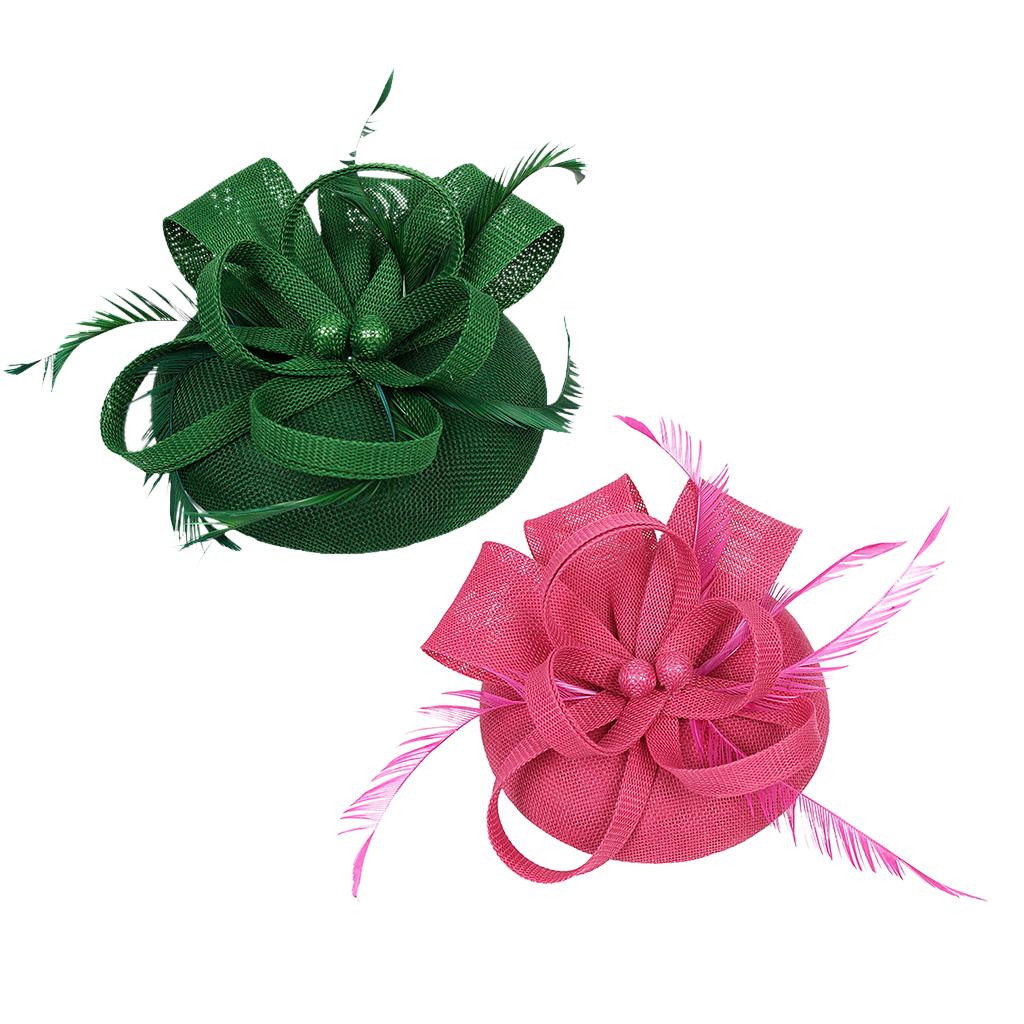 2Pcs Women Bridal Feather Fascinator Cocktail Party Hats Headwear Rose+Green