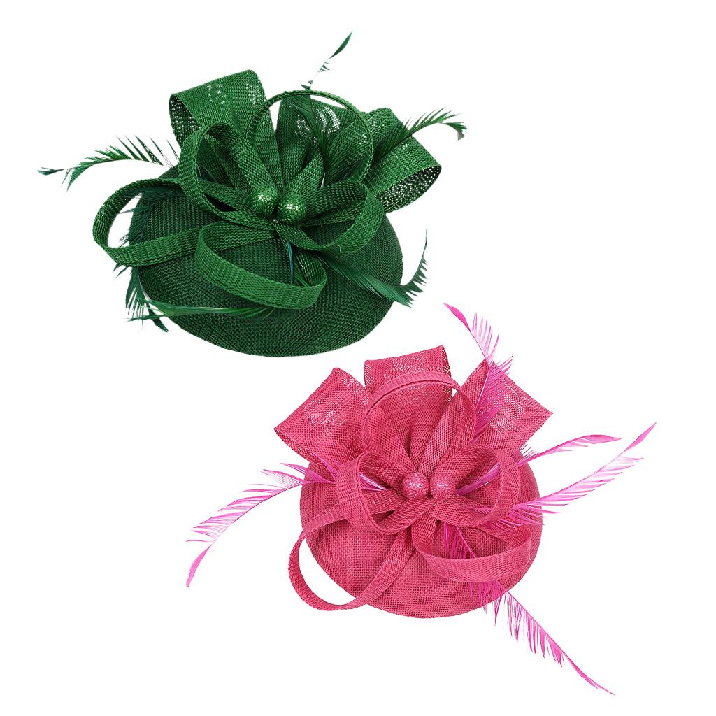 2Pcs Women Bridal Feather Fascinator Cocktail Party Hats Headwear Rose+Green