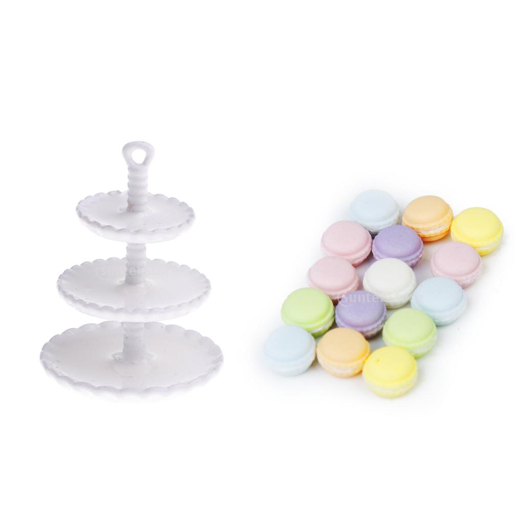 1/12 Dollhouse Miniature 3-layer Metal Snack Rack Stand+15pcs Cream Cakes