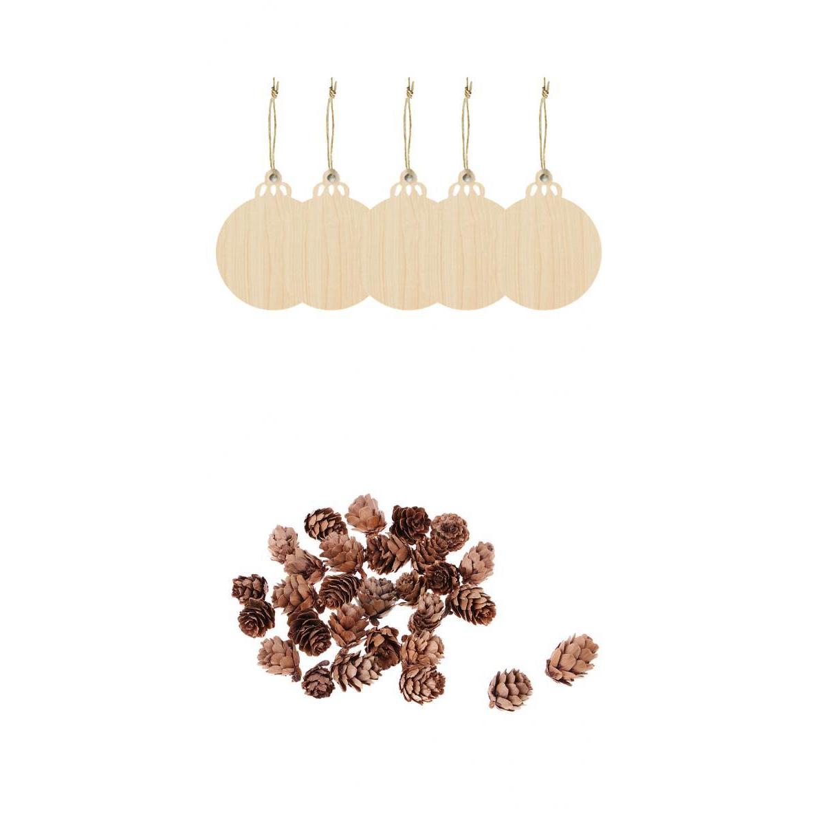 30x Natural Real Pine Cones And 5x Wooden Hanging Ornaments For Xmas Decors