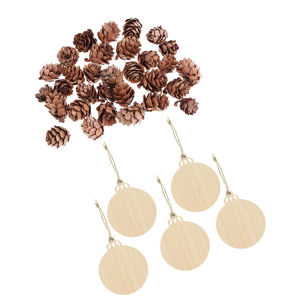 30x Natural Real Pine Cones And 5x Wooden Hanging Ornaments For Xmas Decors