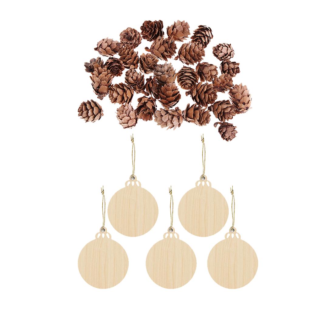 30x Natural Real Pine Cones And 5x Wooden Hanging Ornaments For Xmas Decors